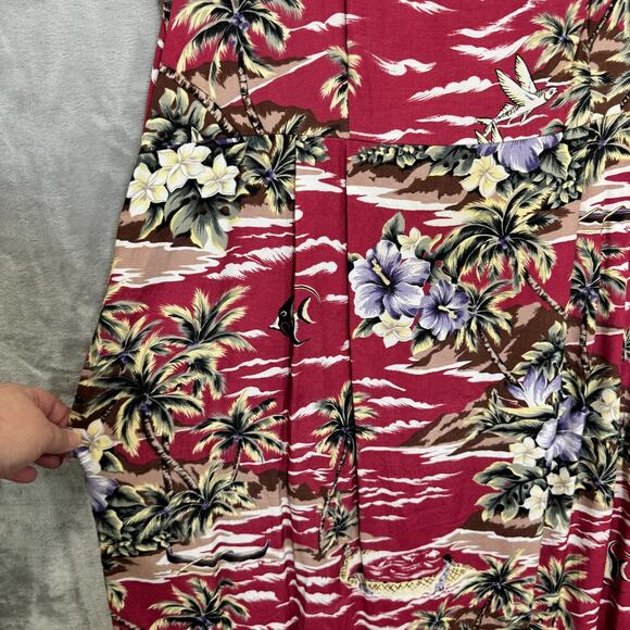 Hilo Hattie Dress Womens Large Red Fujiette Print Tropical Midi Pleated Pockets - Picture 4 of 8